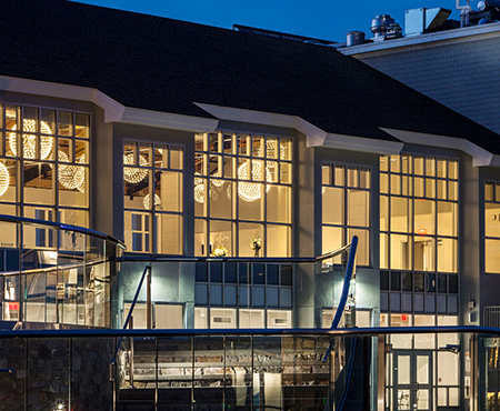 Atlantic Ballroom with hanging globe lights and round tables