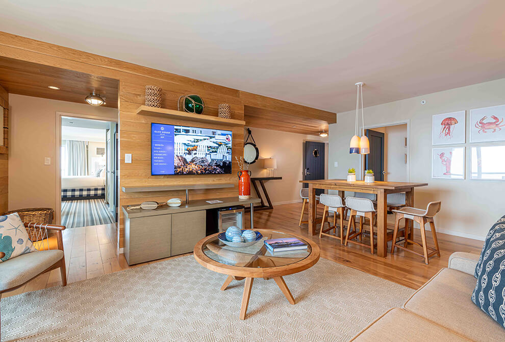 Living area with lots of natural wood