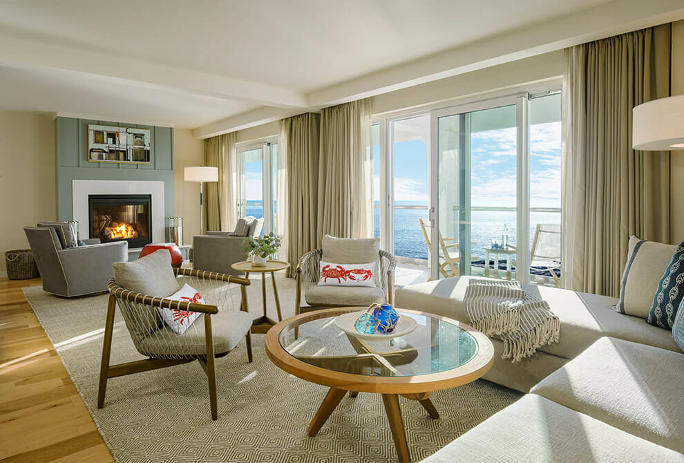 Living area with lots of seating and a fireplace