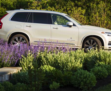 Volvo SUV in front of some shrubbery